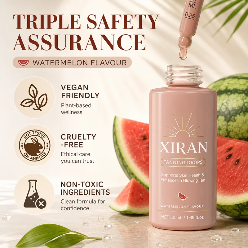 Xiran tanning drops bottle with watermelon flavor, emphasizing vegan, cruelty-free, and non-toxic ingredients, surrounded by sliced watermelon.